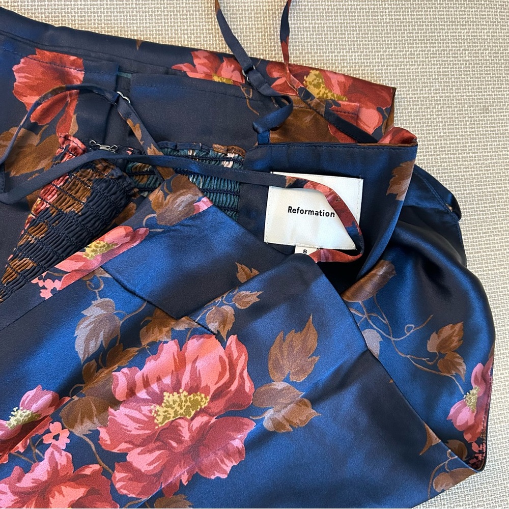Reformation Frankie Silk Maxi Dress - Core Navy Red Floral Wedding Cocktail - Picture 6 of 10